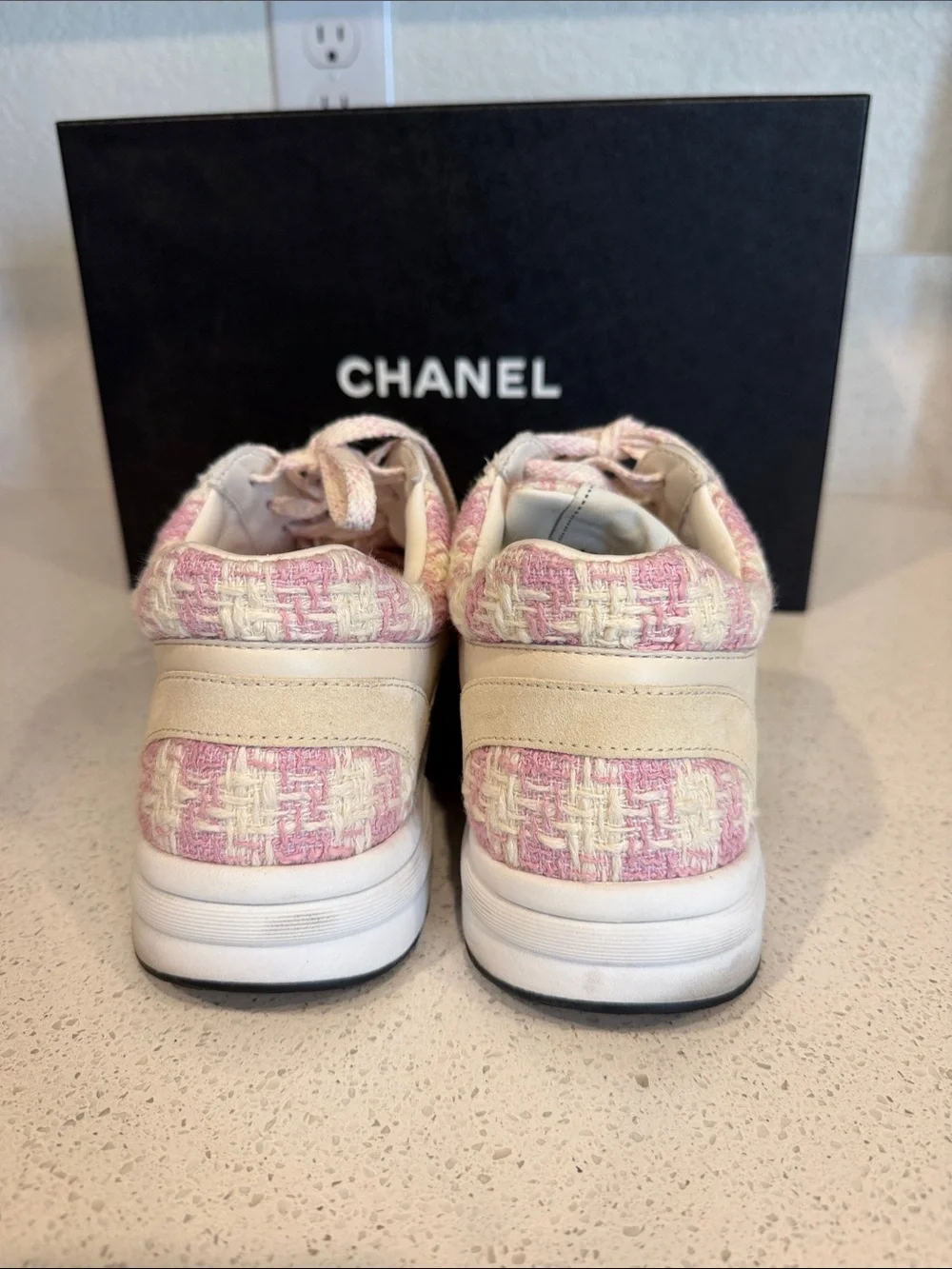 CHANEL Pink and Beige Tweed Runner Sneakers - size US 7.5/EU38